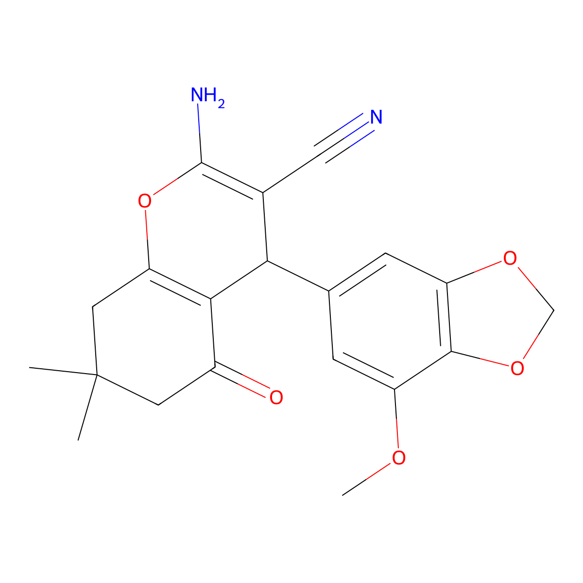 2-amino-4-(7-methoxy-1,3-benzodioxol-5-yl)-7,7-dimethyl-5-oxo-5,6,7,8-tetrahydro-4H-chromene-3-carbonitrile molecular structure, CAS 311773-25-8