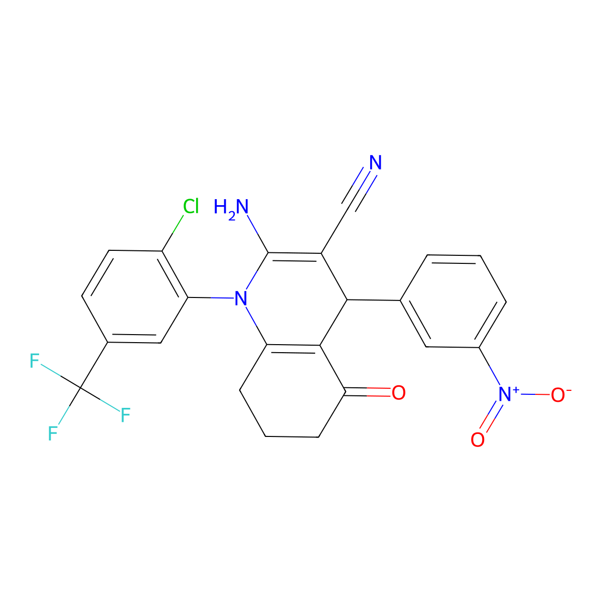 2-Amino-1-(2-chloro-5-(trifluoromethyl)phenyl)-4-(3-nitrophenyl)-5-oxo-1,4,5,6,7,8-hexahydro-3-quinolinecarbonitrile molecular structure, CAS 311773-55-4