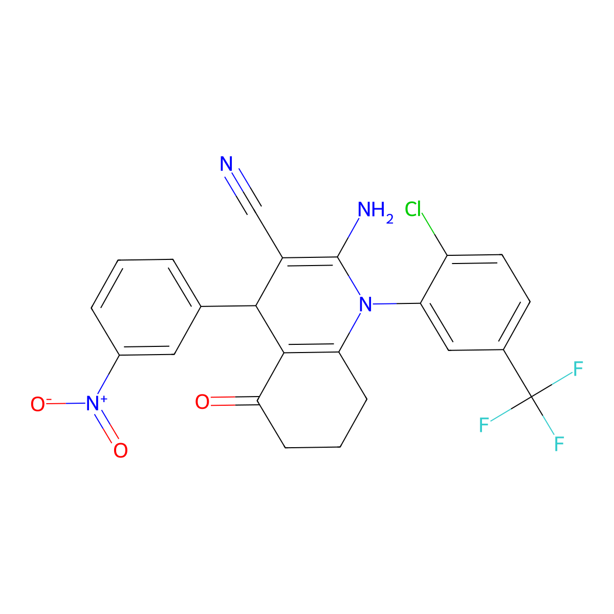 2-Amino-1-(2-chloro-5-(trifluoromethyl)phenyl)-4-(3-nitrophenyl)-5-oxo-1,4,5,6,7,8-hexahydro-3-quinolinecarbonitrile molecular structure, CAS 311773-55-4