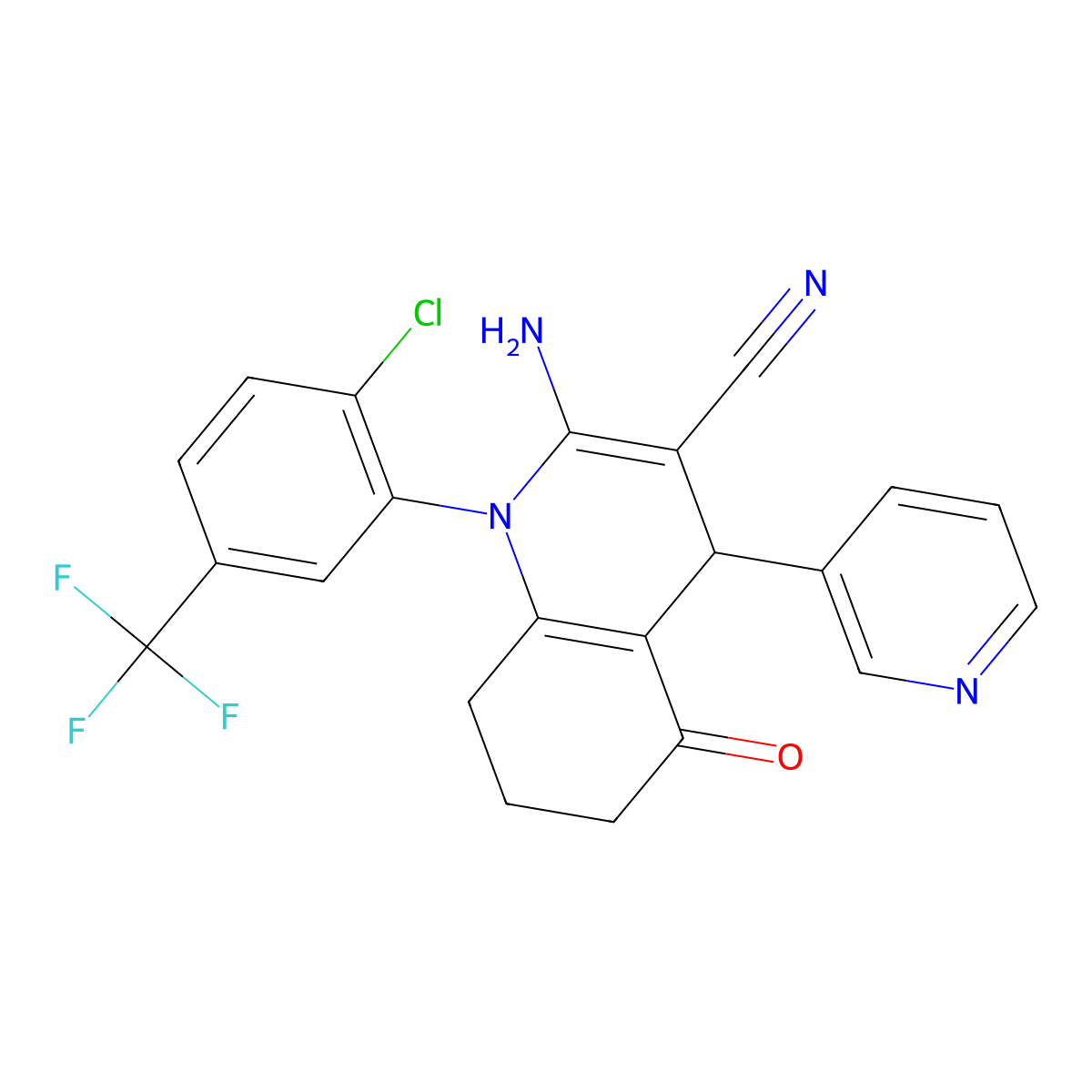 2-Amino-1-(2-chloro-5-(trifluoromethyl)phenyl)-5-oxo-4-(3-pyridinyl)-1,4,5,6,7,8-hexahydro-3-quinolinecarbonitrile molecular structure, CAS 311773-57-6