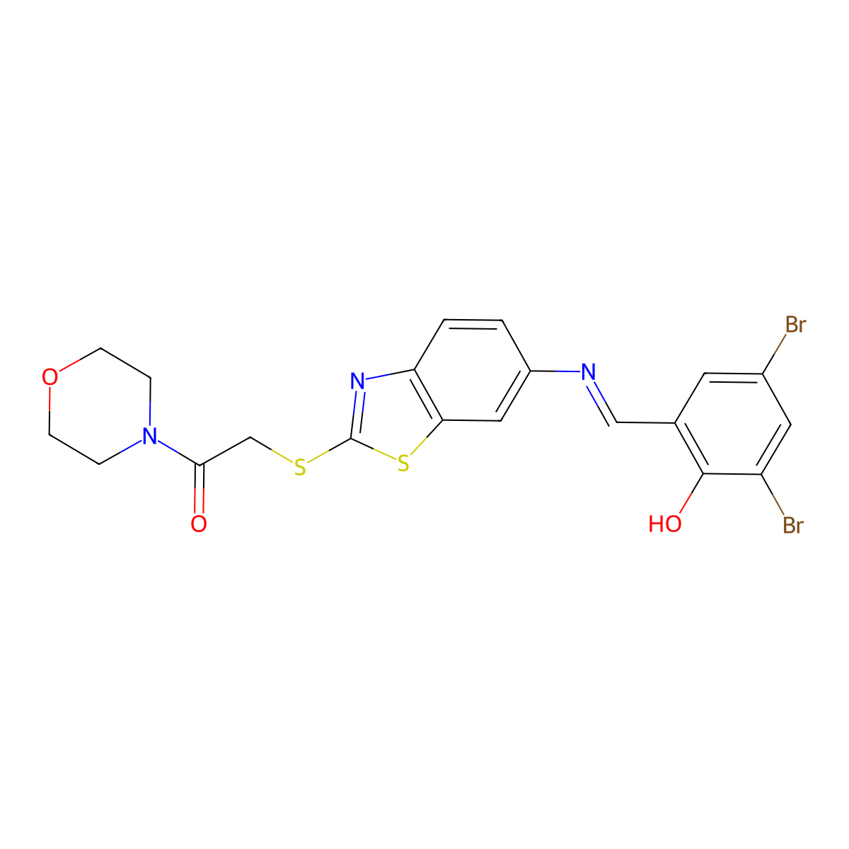 2-[(6-{[(E)-(3,5-dibromo-2-hydroxyphenyl)methylidene]amino}-1,3-benzothiazol-2-yl)sulfanyl]-1-(morpholin-4-yl)ethanone molecular structure, CAS 311773-59-8
