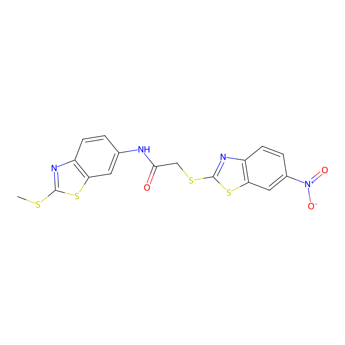 N-(2-methylsulfanyl-1,3-benzothiazol-6-yl)-2-[(6-nitro-1,3-benzothiazol-2-yl)sulfanyl]acetamide molecular structure, CAS 311773-86-1