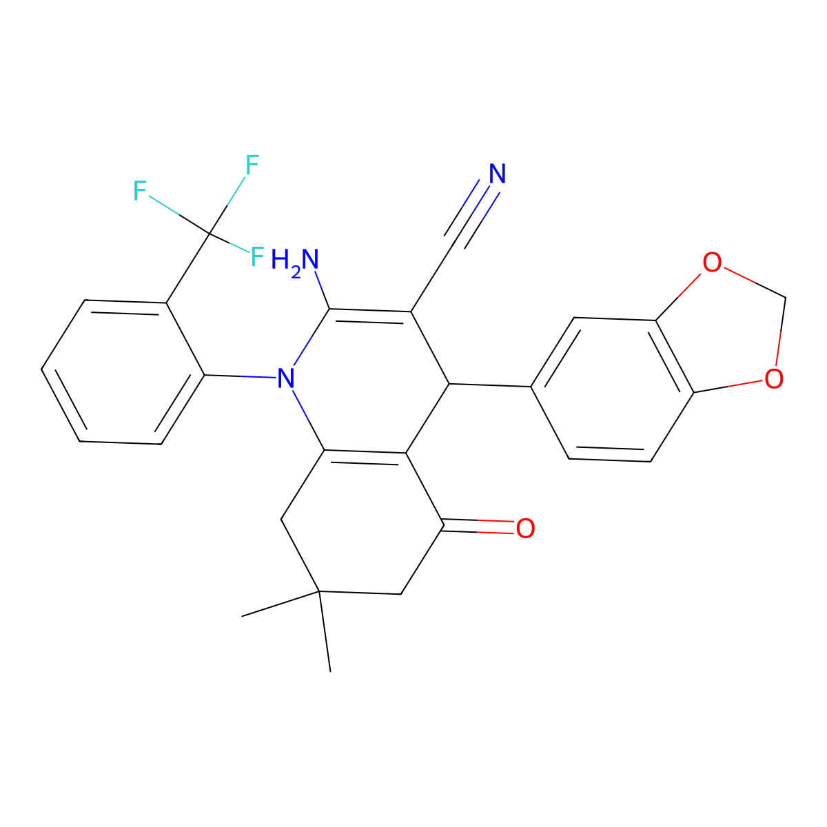 2-Amino-4-(1,3-benzodioxol-5-YL)-7,7-dimethyl-5-oxo-1-[2-(trifluoromethyl)phenyl]-1,4,5,6,7,8-hexahydro-3-quinolinecarbonitrile molecular structure, CAS 311774-17-1
