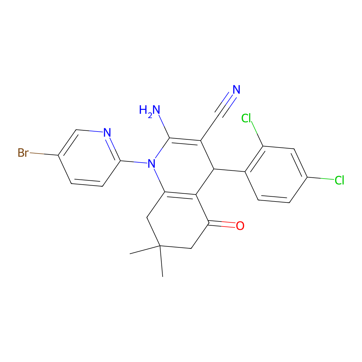 2-Amino-1-(5-bromo-2-pyridinyl)-4-(2,4-dichlorophenyl)-7,7-dimethyl-5-oxo-1,4,5,6,7,8-hexahydro-3-quinolinecarbonitrile molecular structure, CAS 311774-21-7
