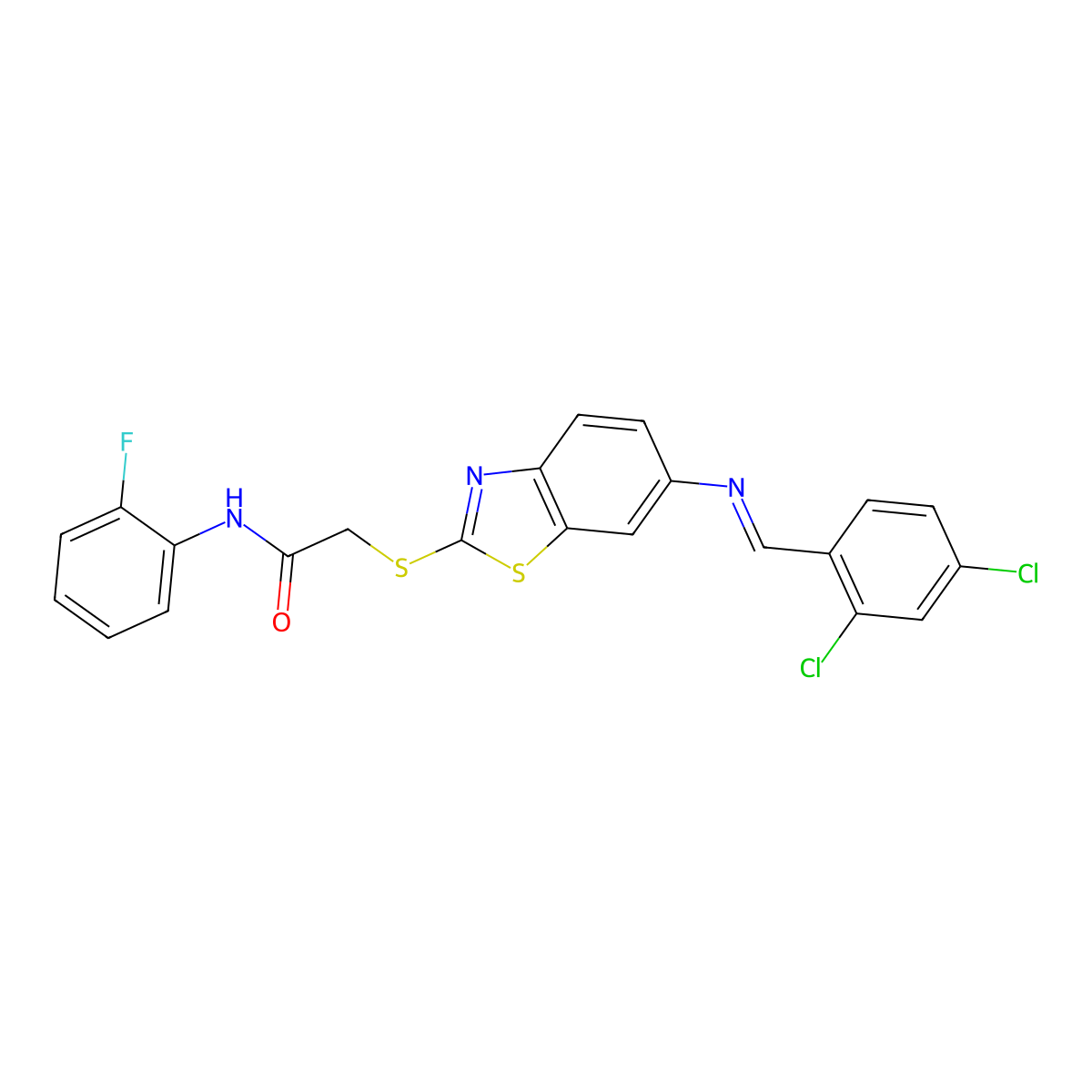 2-({6-[(2,4-dichlorobenzylidene)amino]-1,3-benzothiazol-2-yl}sulfanyl)-N-(2-fluorophenyl)acetamide molecular structure, CAS 311774-61-5