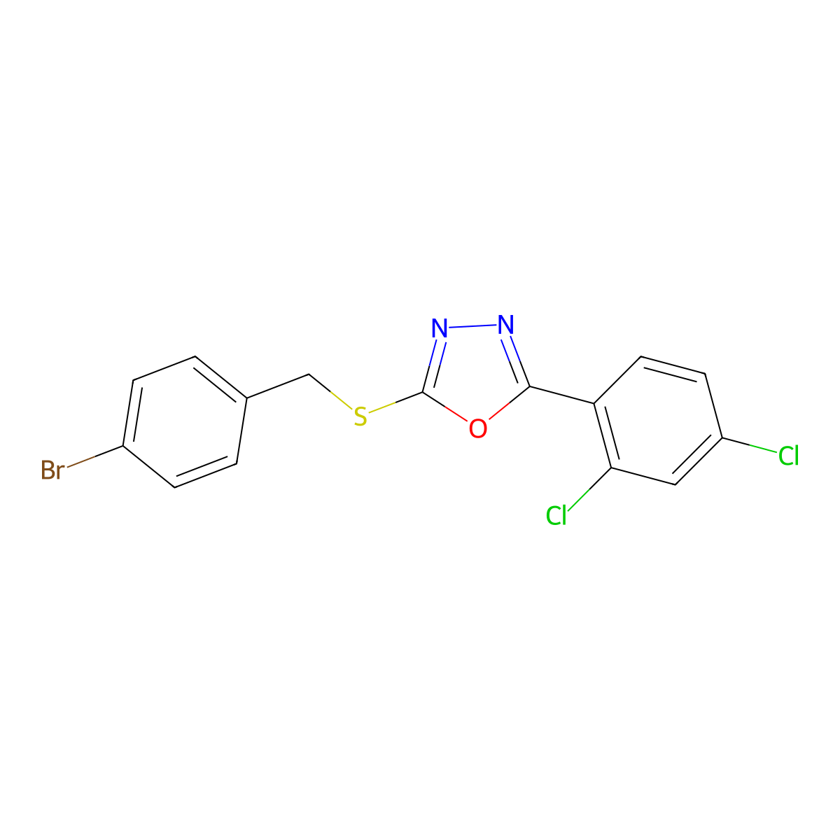 2-[(4-Bromobenzyl)sulfanyl]-5-(2,4-dichlorophenyl)-1,3,4-oxadiazole molecular structure, CAS 311782-46-4