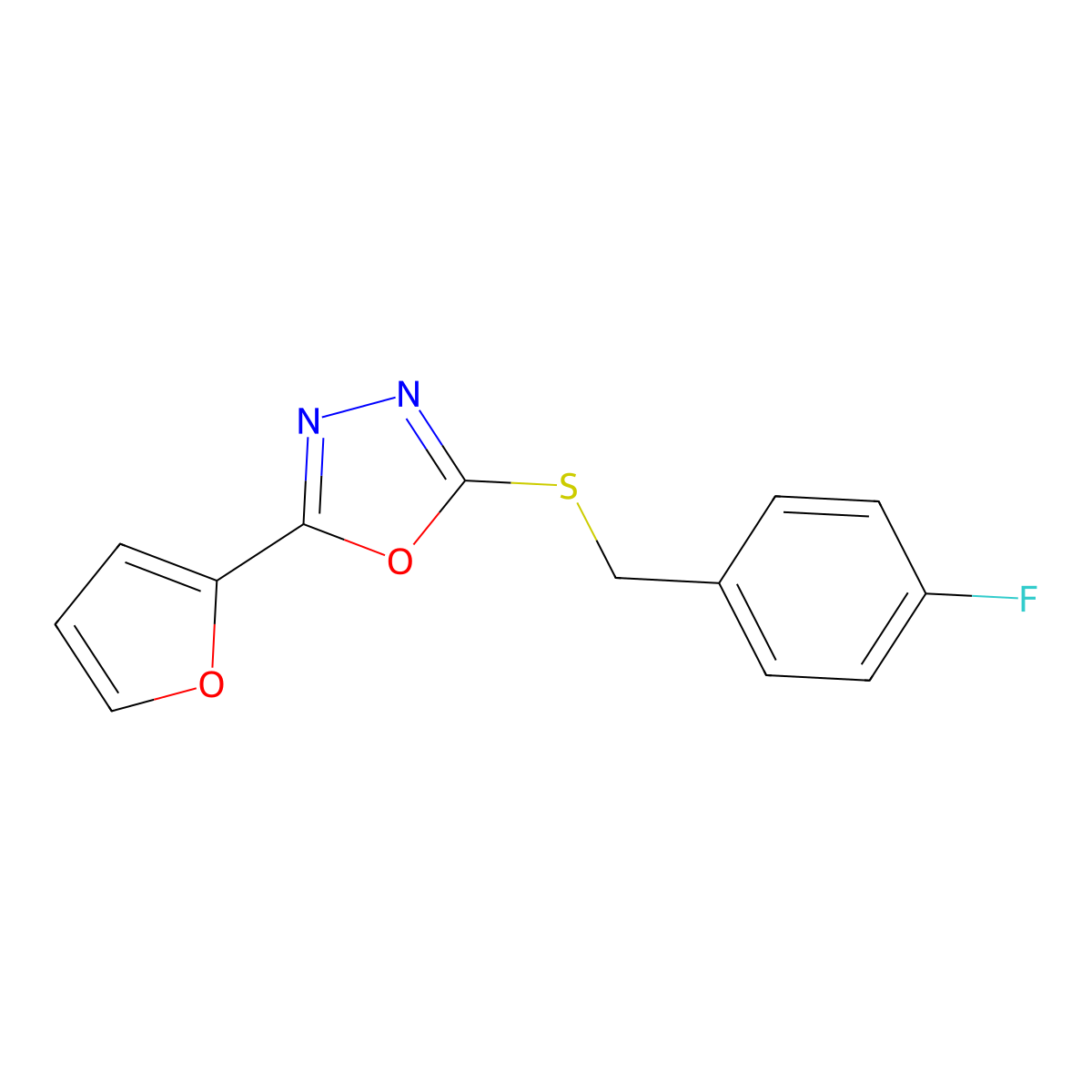 2-[(4-Fluorophenyl)methylsulfanyl]-5-(furan-2-yl)-1,3,4-oxadiazole molecular structure, CAS 311782-47-5