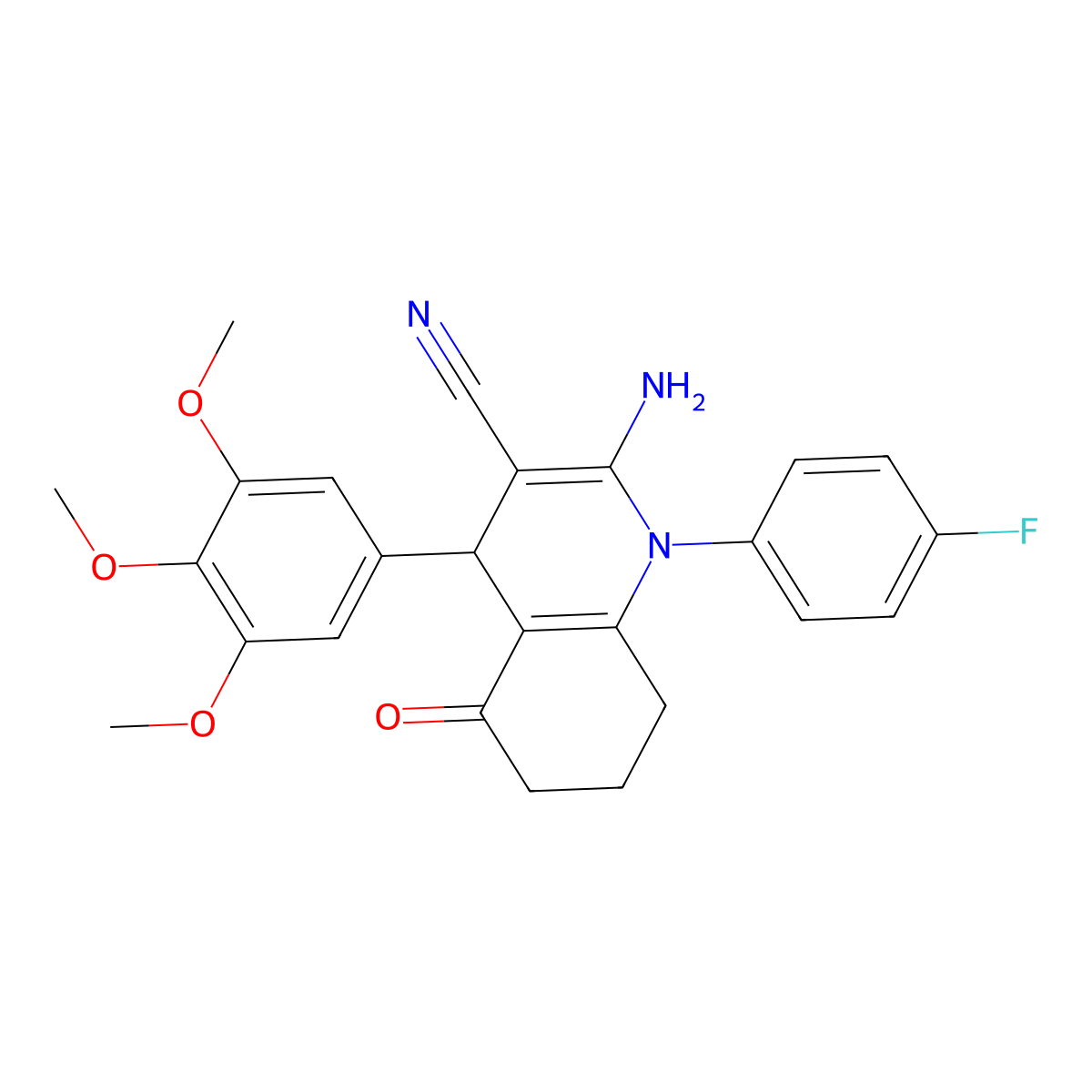 2-Amino-1-(4-fluorophenyl)-5-oxo-4-(3,4,5-trimethoxyphenyl)-1,4,5,6,7,8-hexahydro-3-quinolinecarbonitrile molecular structure, CAS 311782-75-9