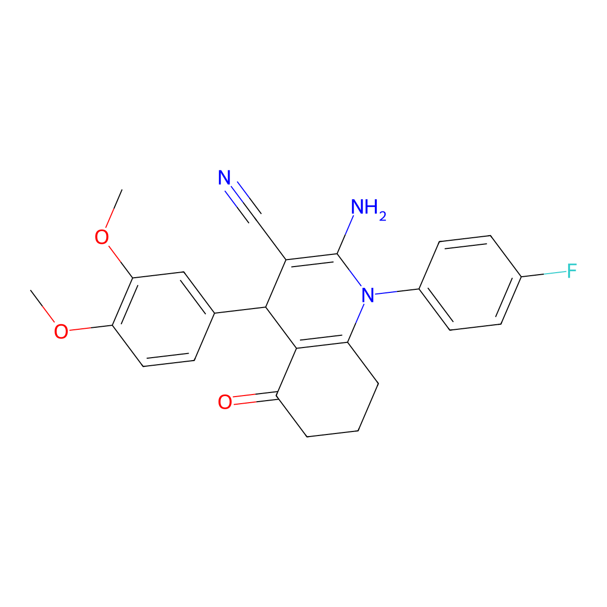 2-Amino-4-(3,4-dimethoxyphenyl)-1-(4-fluorophenyl)-5-oxo-1,4,5,6,7,8-hexahydro-3-quinolinecarbonitrile molecular structure, CAS 311782-77-1