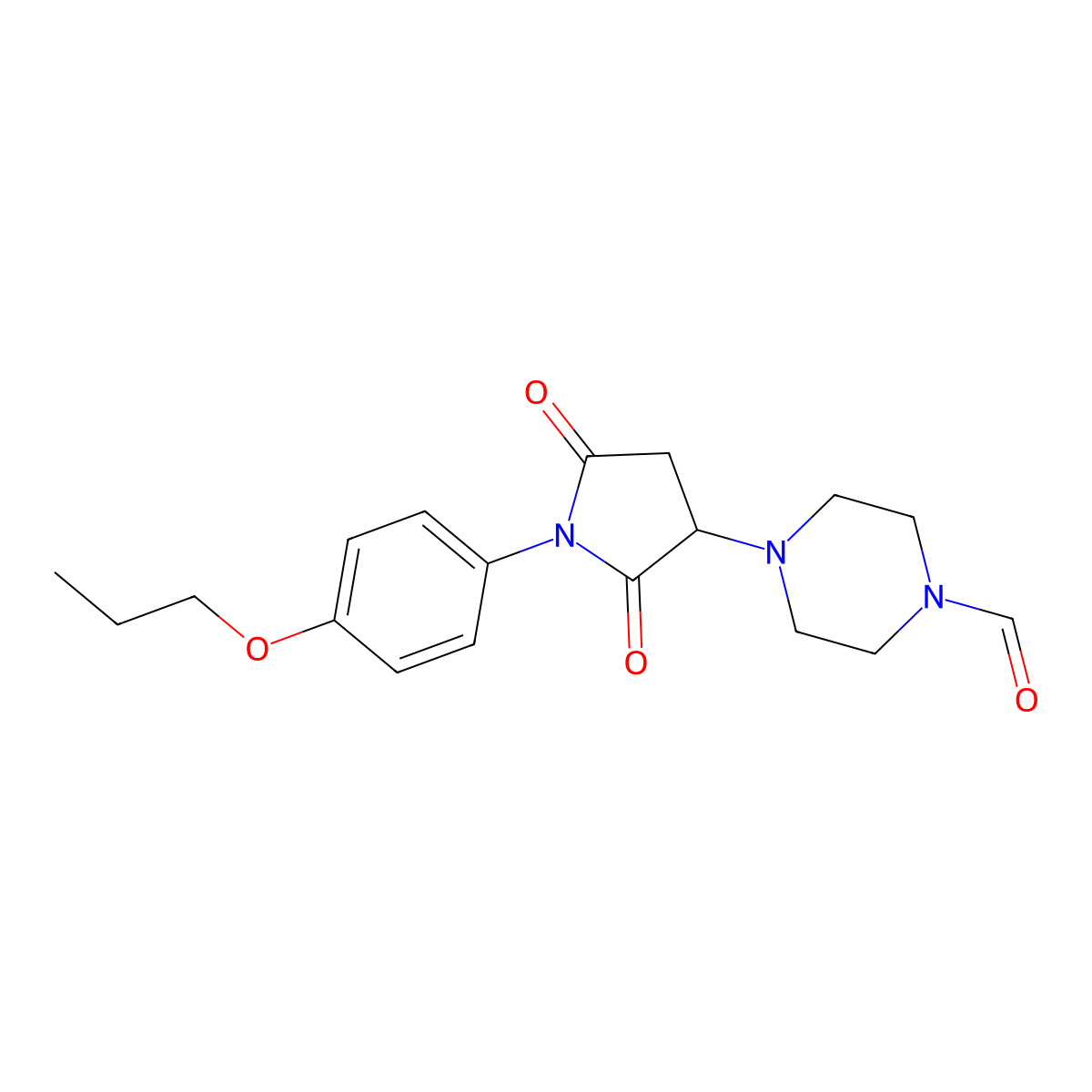 4-[2,5-Dioxo-1-(4-propoxyphenyl)pyrrolidin-3-yl]piperazine-1-carbaldehyde molecular structure, CAS 311783-15-0
