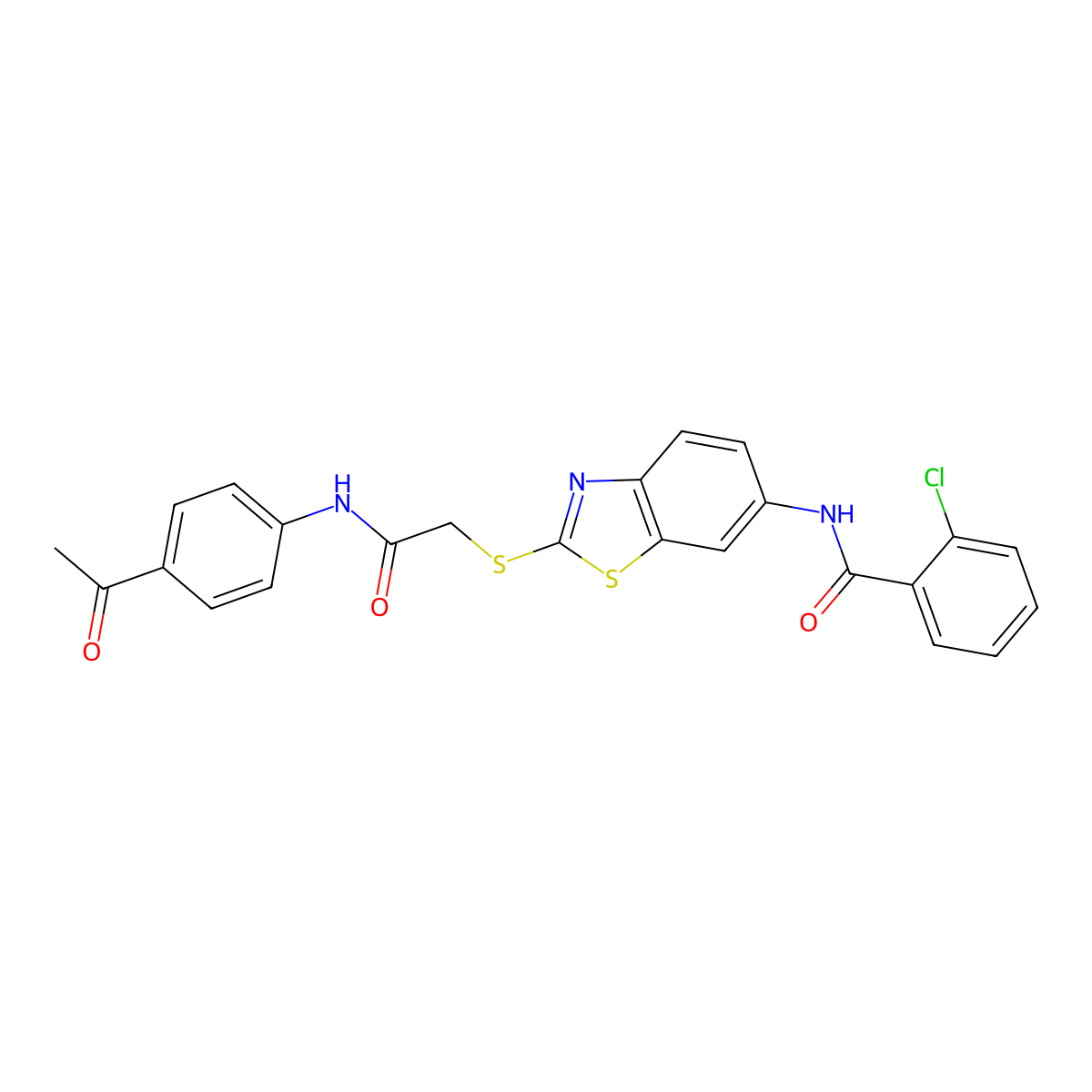 N-[2-[2-(4-acetylanilino)-2-oxoethyl]sulfanyl-1,3-benzothiazol-6-yl]-2-chlorobenzamide molecular structure, CAS 311783-93-4