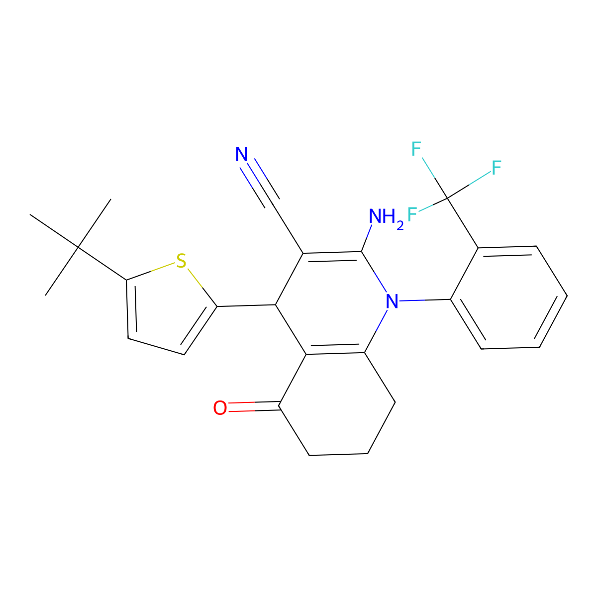 2-Amino-4-(5-tert-butyl-2-thienyl)-5-oxo-1-[2-(trifluoromethyl)phenyl]-1,4,5,6,7,8-hexahydro-3-quinolinecarbonitrile molecular structure, CAS 311784-12-0
