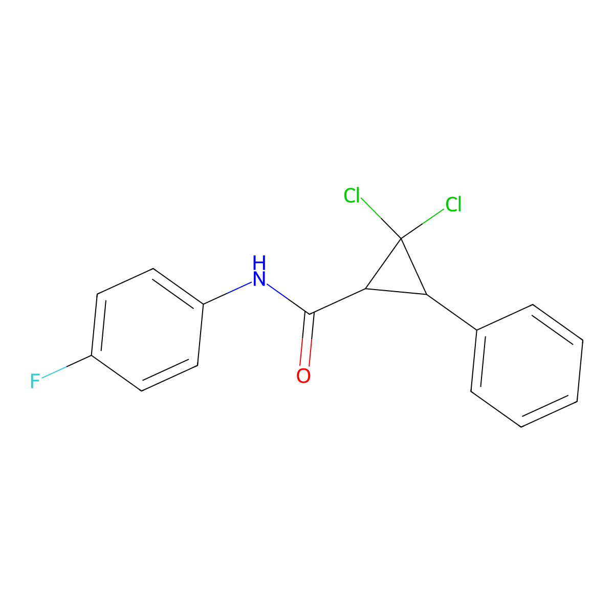 2,2-dichloro-N-(4-fluorophenyl)-3-phenylcyclopropanecarboxamide molecular structure, CAS 311787-98-1