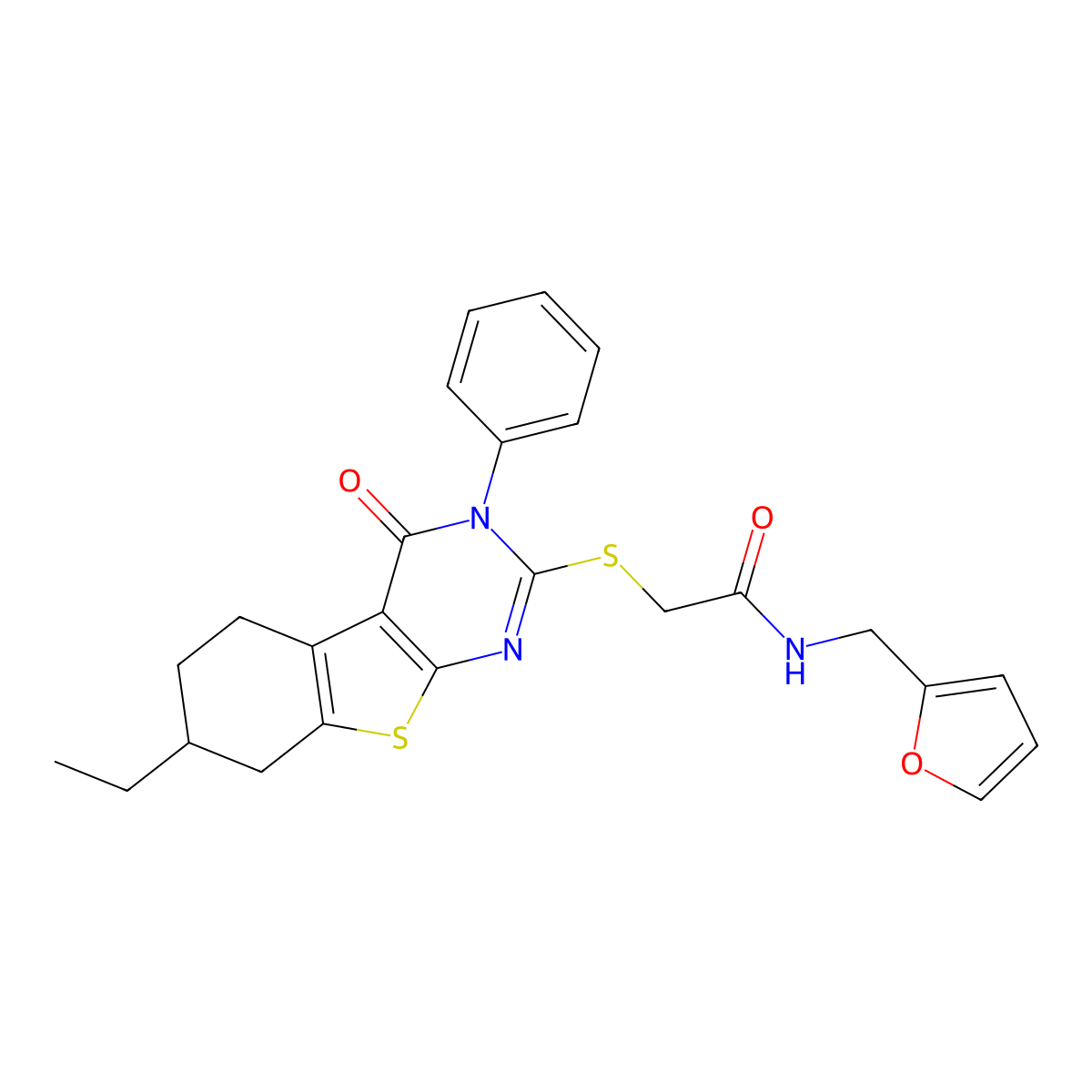 2-[(7-ethyl-4-oxo-3-phenyl-3,4,5,6,7,8-hexahydro[1]benzothieno[2,3-d]pyrimidin-2-yl)sulfanyl]-N-(furan-2-ylmethyl)acetamide molecular structure, CAS 311788-68-8