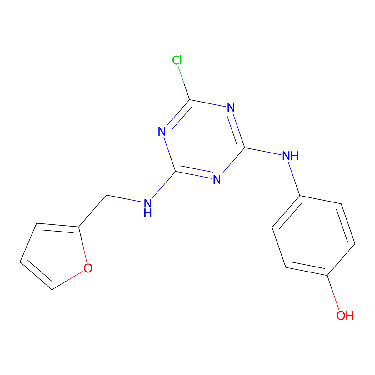 4-((4-Chloro-6-((furan-2-ylmethyl)amino)-1,3,5-triazin-2-yl)amino)phenol molecular structure, CAS 311788-82-6