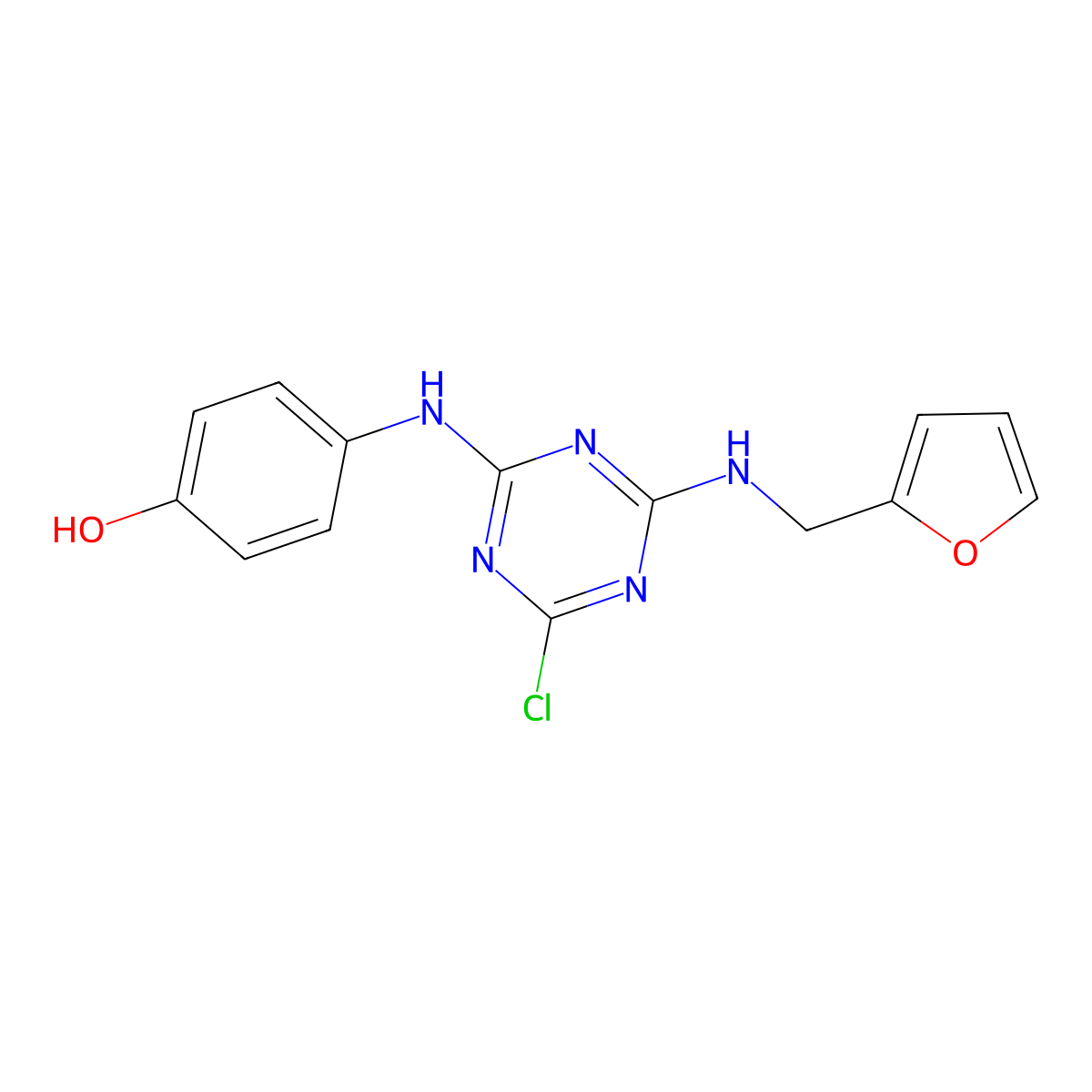 4-((4-Chloro-6-((furan-2-ylmethyl)amino)-1,3,5-triazin-2-yl)amino)phenol molecular structure, CAS 311788-82-6