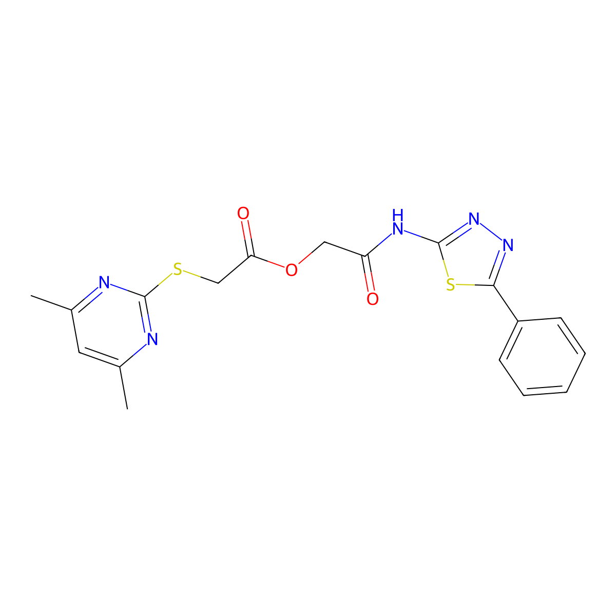 2-Oxo-2-[(5-phenyl-1,3,4-thiadiazol-2-yl)amino]ethyl [(4,6-dimethylpyrimidin-2-yl)sulfanyl]acetate molecular structure, CAS 311788-93-9