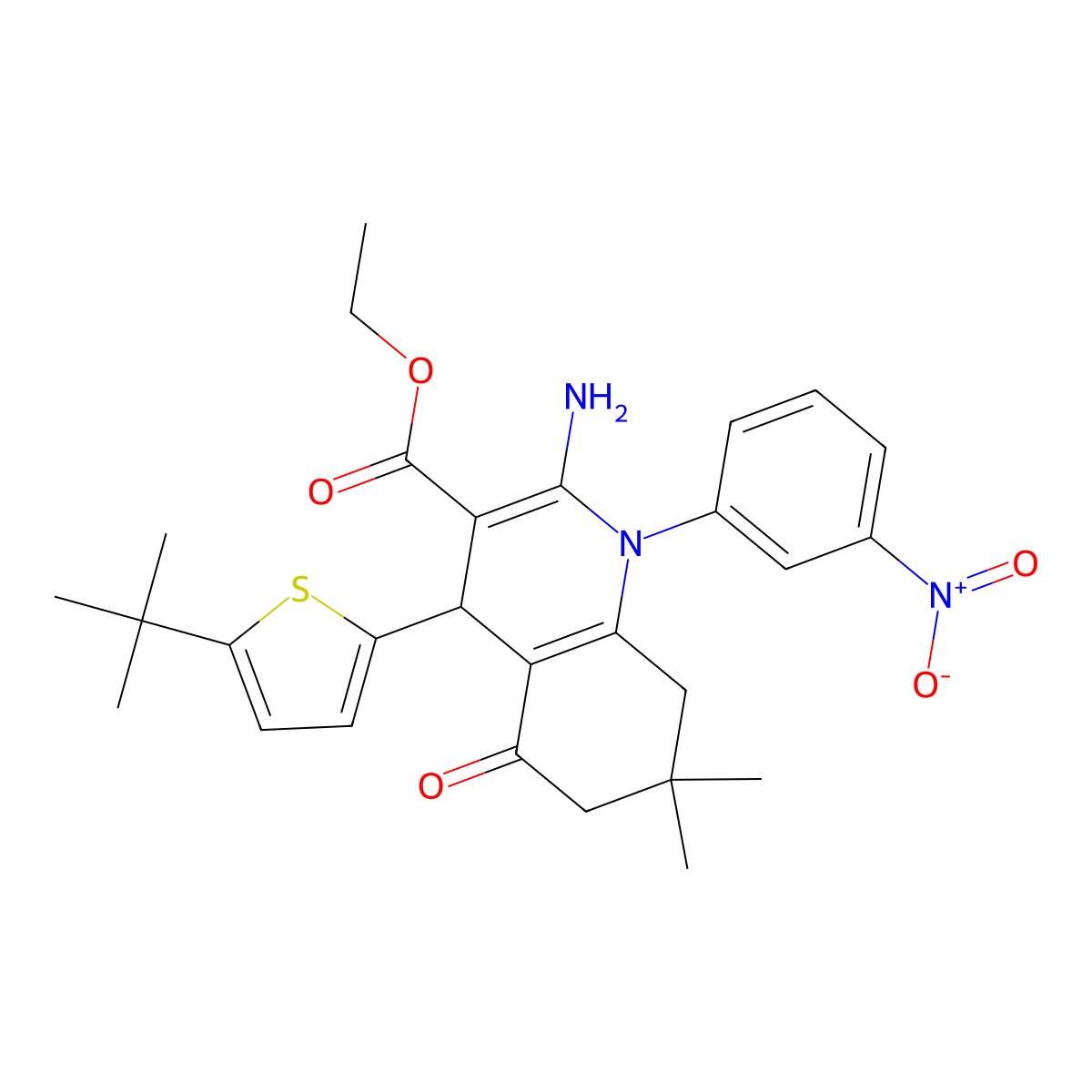 Ethyl 2-amino-4-(5-tert-butyl-2-thienyl)-1-{3-nitrophenyl}-7,7-dimethyl-5-oxo-1,4,5,6,7,8-hexahydro-3-quinolinecarboxylate molecular structure, CAS 311789-11-4
