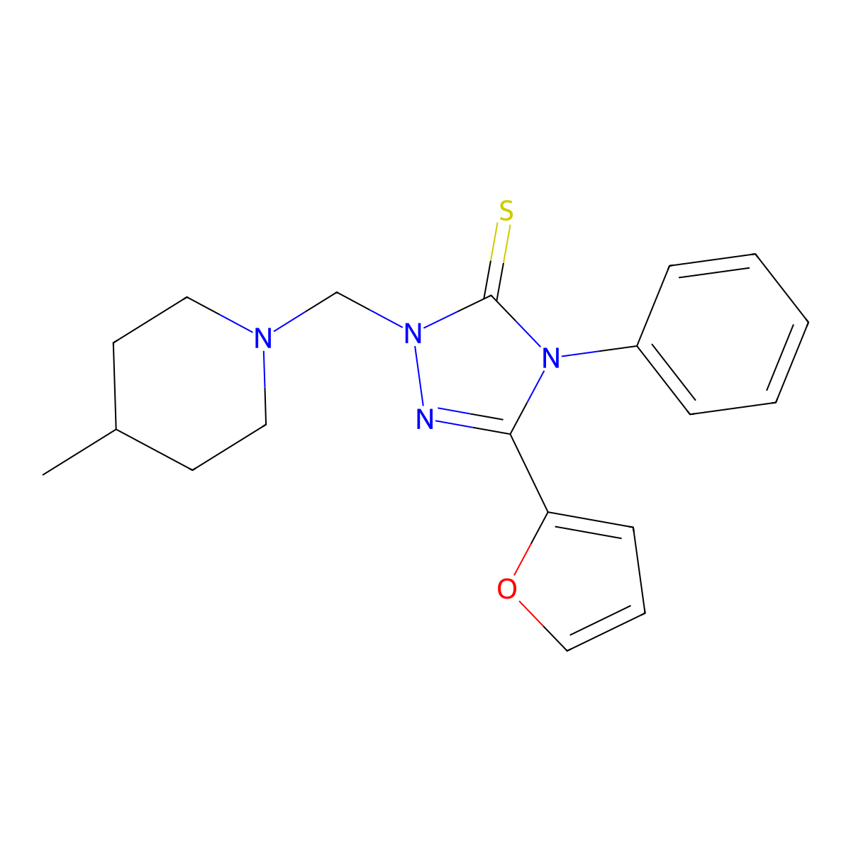 5-(Furan-2-yl)-2-[(4-methylpiperidin-1-yl)methyl]-4-phenyl-1,2,4-triazole-3-thione molecular structure, CAS 311789-91-0