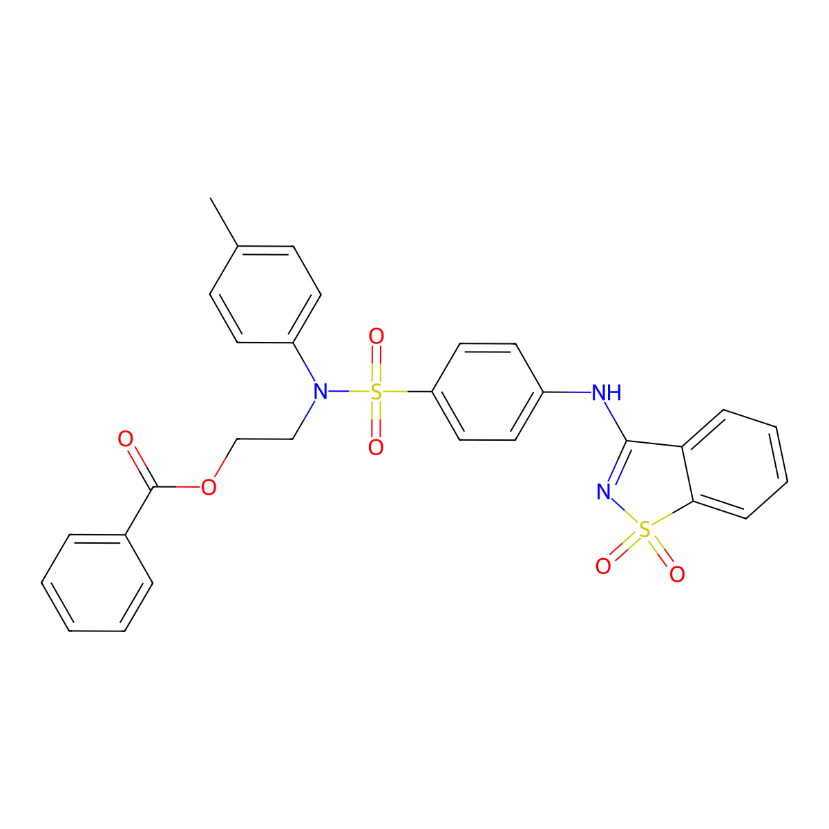 2-[({4-[(1,1-Dioxido-1,2-benzothiazol-3-yl)amino]phenyl}sulfonyl)(4-methylphenyl)amino]ethyl benzoate molecular structure, CAS 311790-10-0