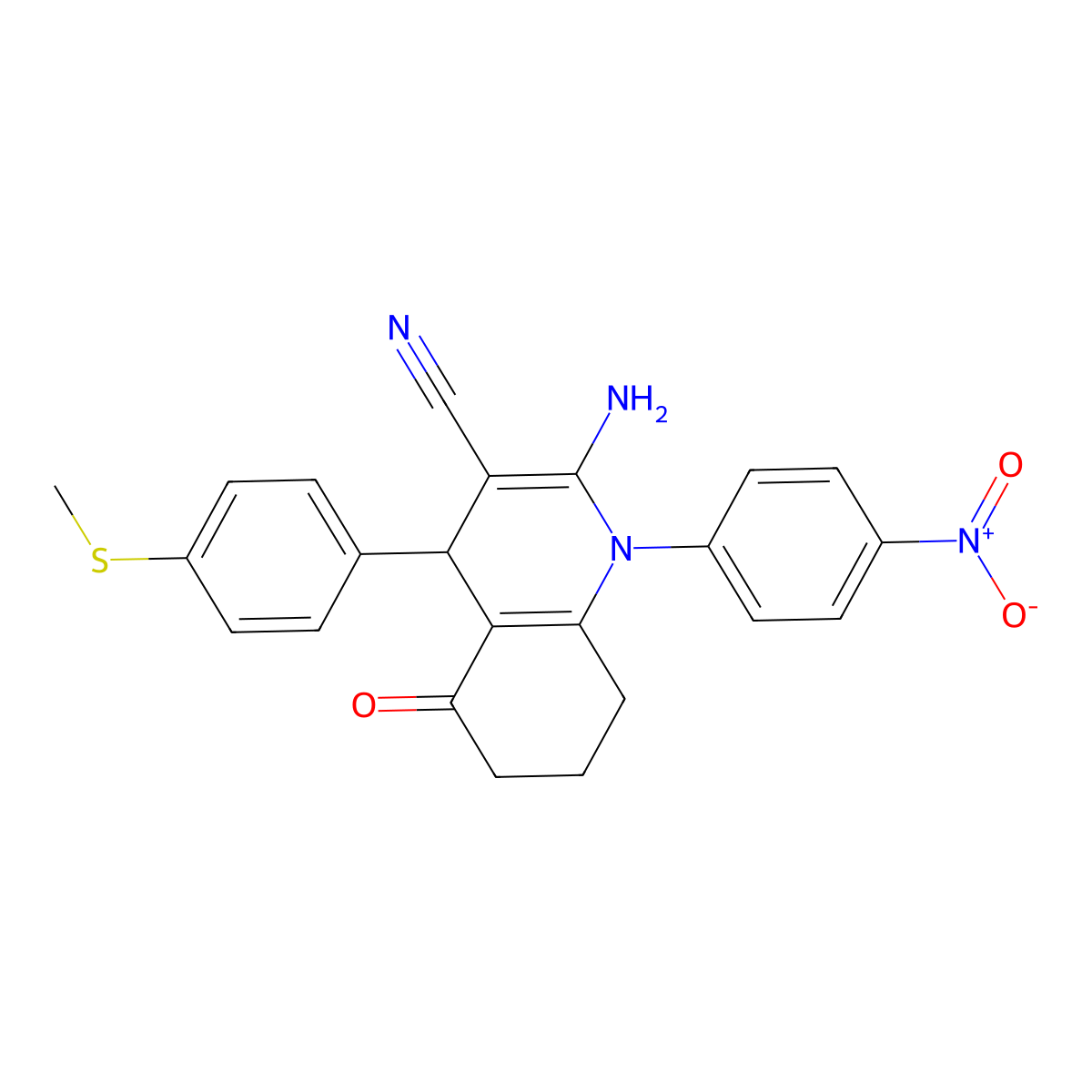 2-Amino-4-(4-(methylsulfanyl)phenyl)-1-(4-nitrophenyl)-5-oxo-1,4,5,6,7,8-hexahydro-3-quinolinecarbonitrile molecular structure, CAS 311790-22-4