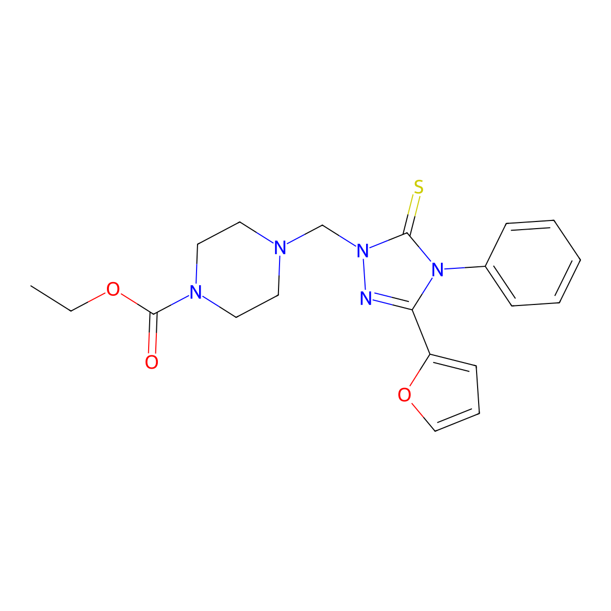 Ethyl 4-[[3-(furan-2-yl)-4-phenyl-5-sulfanylidene-1,2,4-triazol-1-yl]methyl]piperazine-1-carboxylate molecular structure, CAS 311791-76-1