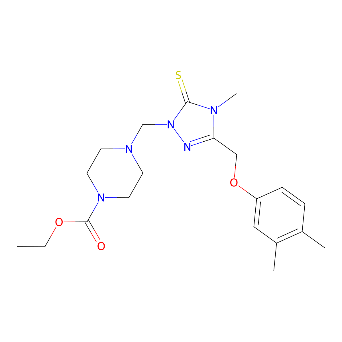 Ethyl 4-[[3-[(3,4-dimethylphenoxy)methyl]-4-methyl-5-sulfanylidene-1,2,4-triazol-1-yl]methyl]piperazine-1-carboxylate molecular structure, CAS 311791-77-2