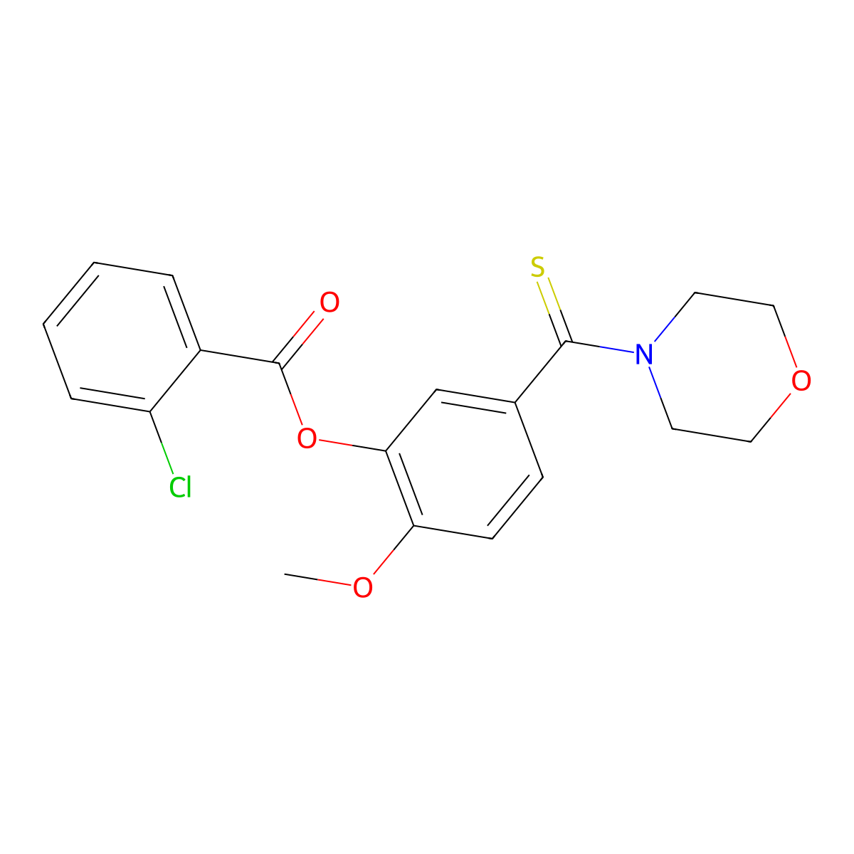2-Chloro-benzoic acid 2-methoxy-5-(morpholine-4-carbothioyl)-phenyl ester molecular structure, CAS 311792-01-5