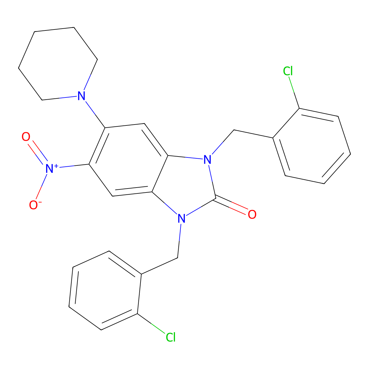 1,3-Bis[(2-chlorophenyl)methyl]-5-nitro-6-piperidin-1-ylbenzimidazol-2-one molecular structure, CAS 311792-79-7