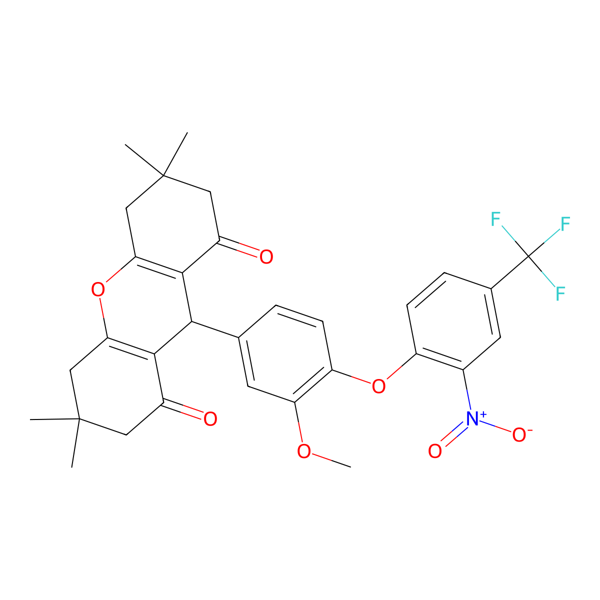 9-[3-methoxy-4-[2-nitro-4-(trifluoromethyl)phenoxy]phenyl]-3,3,6,6-tetramethyl-4,5,7,9-tetrahydro-2H-xanthene-1,8-dione molecular structure, CAS 311795-39-8