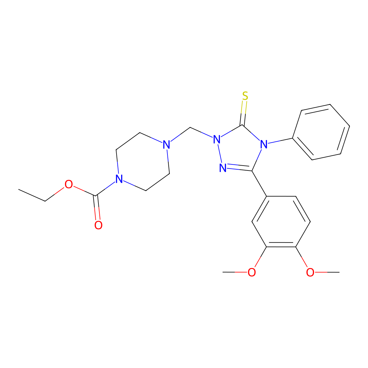 Ethyl 4-[[3-(3,4-dimethoxyphenyl)-4-phenyl-5-sulfanylidene-1,2,4-triazol-1-yl]methyl]piperazine-1-carboxylate molecular structure, CAS 311797-01-0