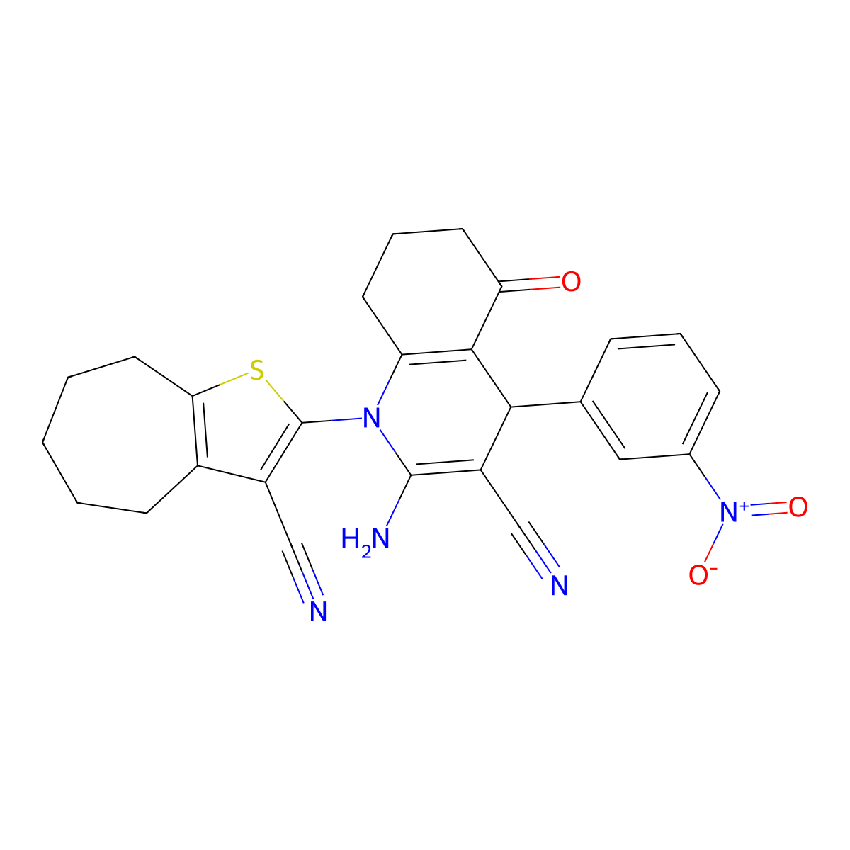 2-Amino-1-(3-cyano-5,6,7,8-tetrahydro-4H-cyclohepta(B)thien-2-YL)-4-(3-N itrophenyl)-5-oxo-1,4,5,6,7,8-hexahydro-3-quinolinecarbonitrile molecular structure, CAS 311797-47-4