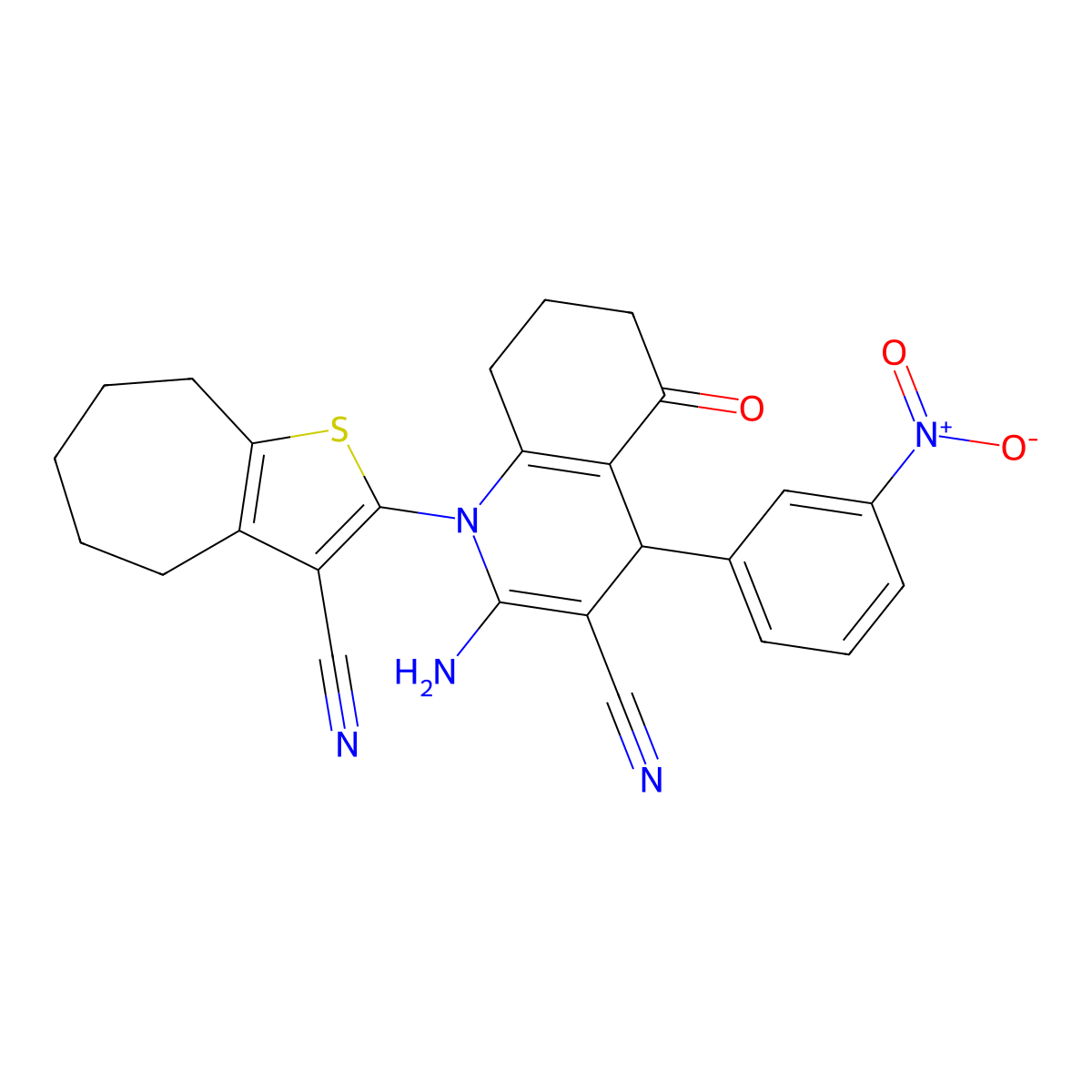 2-Amino-1-(3-cyano-5,6,7,8-tetrahydro-4H-cyclohepta(B)thien-2-YL)-4-(3-N itrophenyl)-5-oxo-1,4,5,6,7,8-hexahydro-3-quinolinecarbonitrile molecular structure, CAS 311797-47-4