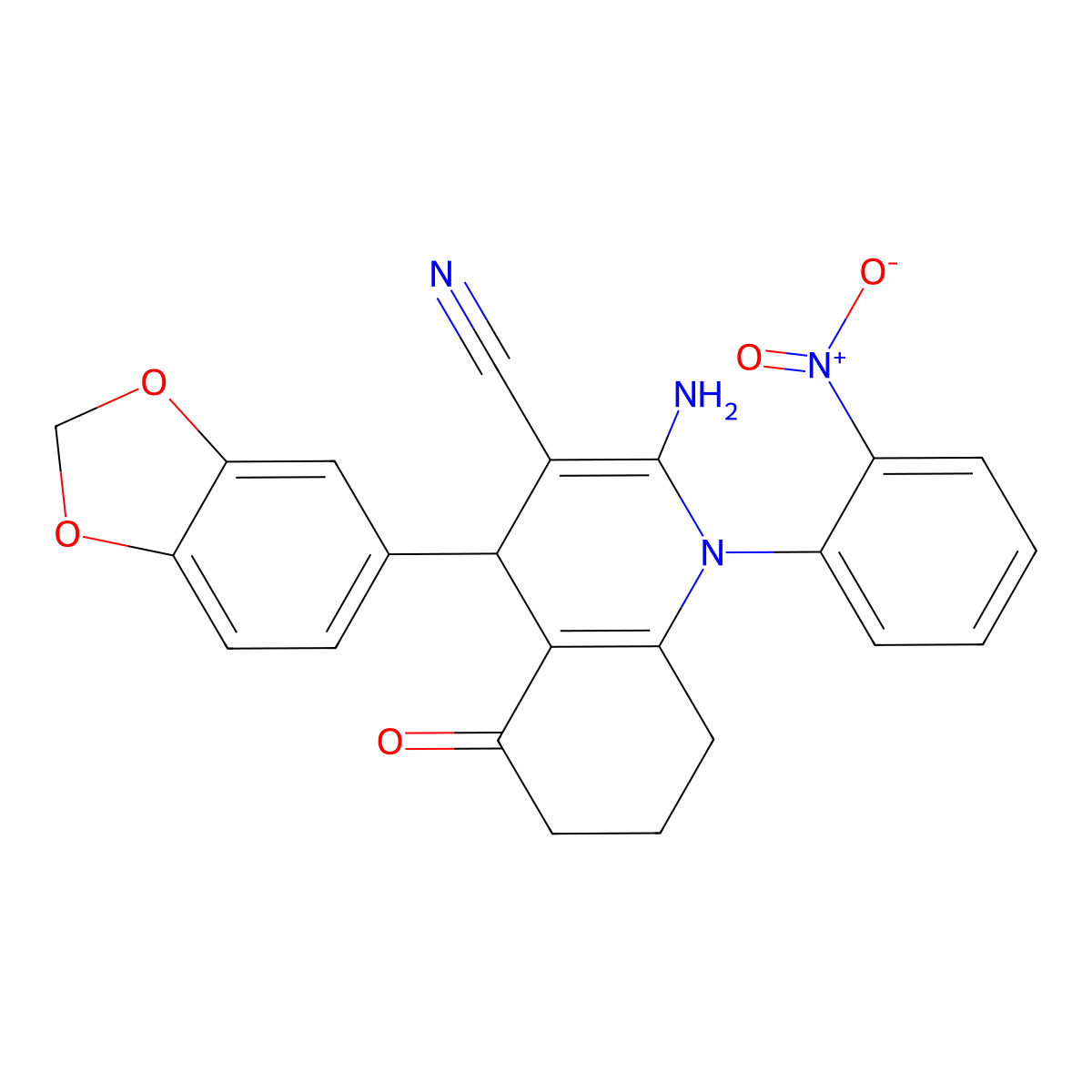 2-Amino-4-(1,3-benzodioxol-5-yl)-1-{2-nitrophenyl}-5-oxo-1,4,5,6,7,8-hexahydro-3-quinolinecarbonitrile molecular structure, CAS 311798-51-3