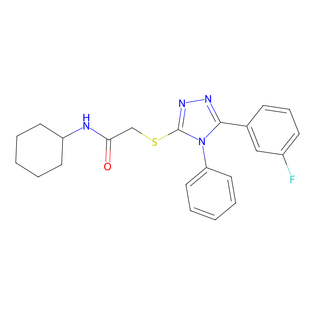 N-cyclohexyl-2-[[5-(3-fluorophenyl)-4-phenyl-1,2,4-triazol-3-yl]sulfanyl]acetamide molecular structure, CAS 311799-21-0