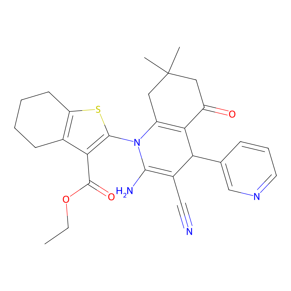Ethyl 2-(2-amino-3-cyano-7,7-dimethyl-5-oxo-4-(3-pyridinyl)-5,6,7,8-tetrahydro-1(4H)-quinolinyl)-4,5,6,7-tetrahydro-1-benzothiophene-3-carboxylate molecular structure, CAS 311799-61-8