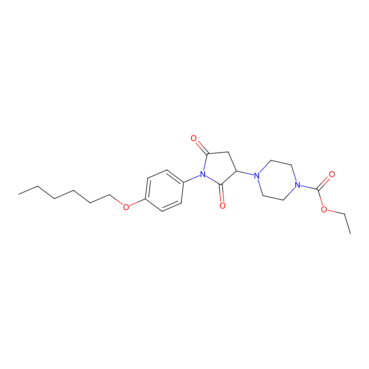 Ethyl 4-{1-[4-(hexyloxy)phenyl]-2,5-dioxopyrrolidin-3-yl}piperazine-1-carboxylate molecular structure, CAS 311800-72-3