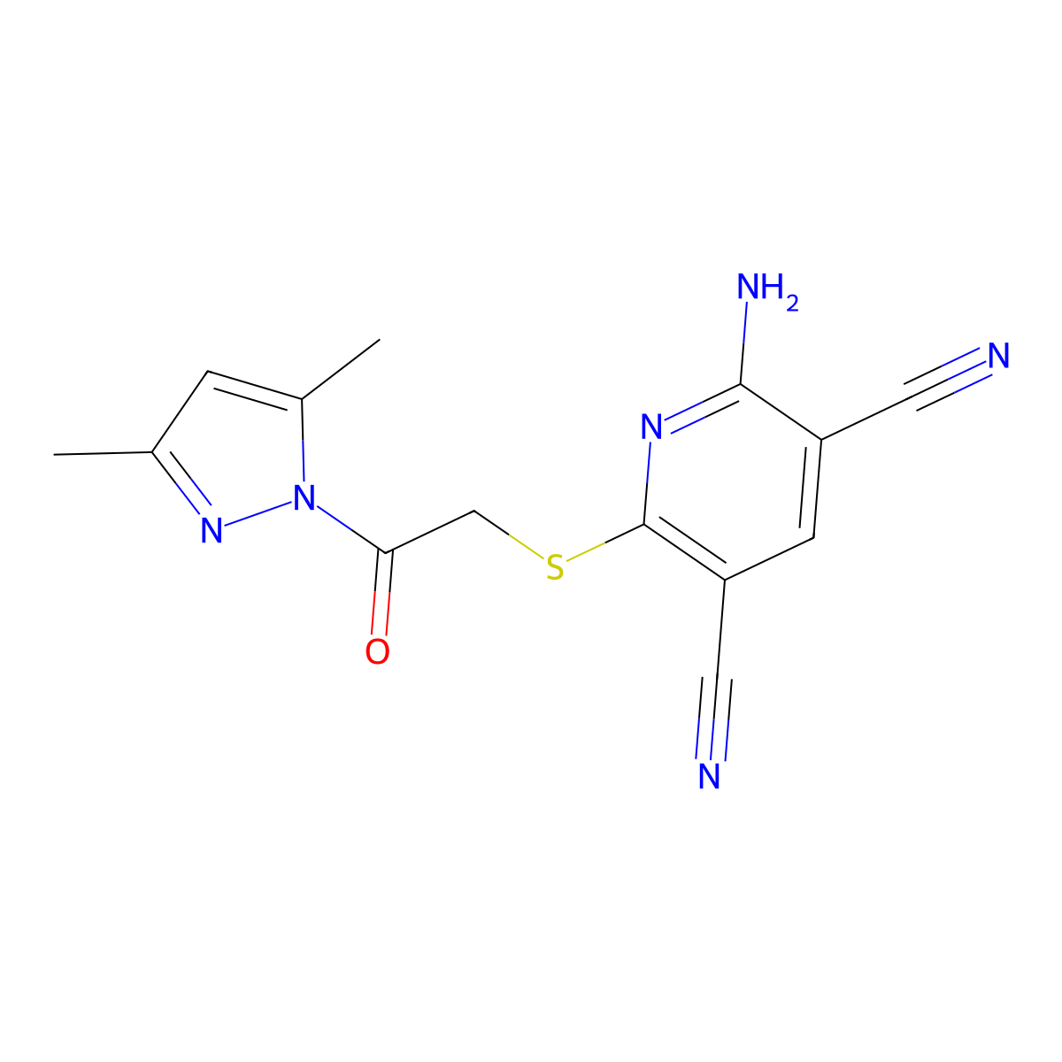 2-Amino-6-[2-(3,5-dimethylpyrazol-1-yl)-2-oxoethyl]sulfanylpyridine-3,5-dicarbonitrile molecular structure, CAS 311809-92-4