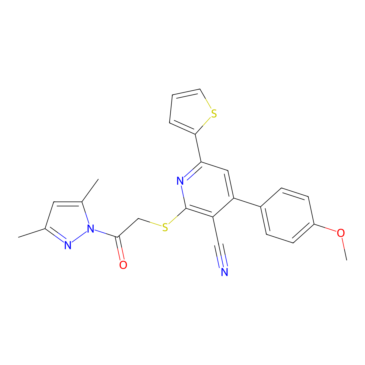 2-{[2-(3,5-dimethyl-1H-pyrazol-1-yl)-2-oxoethyl]sulfanyl}-4-(4-methoxyphenyl)-6-(2-thienyl)nicotinonitrile molecular structure, CAS 311810-00-1