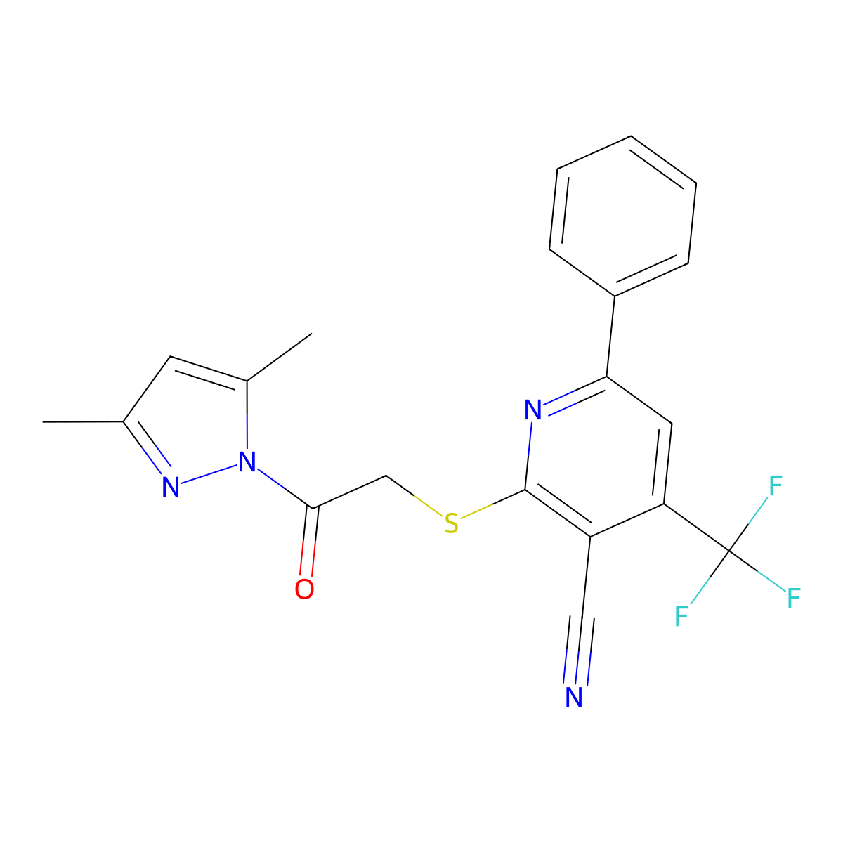 2-{[2-(3,5-dimethyl-1H-pyrazol-1-yl)-2-oxoethyl]sulfanyl}-6-phenyl-4-(trifluoromethyl)pyridine-3-carbonitrile molecular structure, CAS 311810-05-6