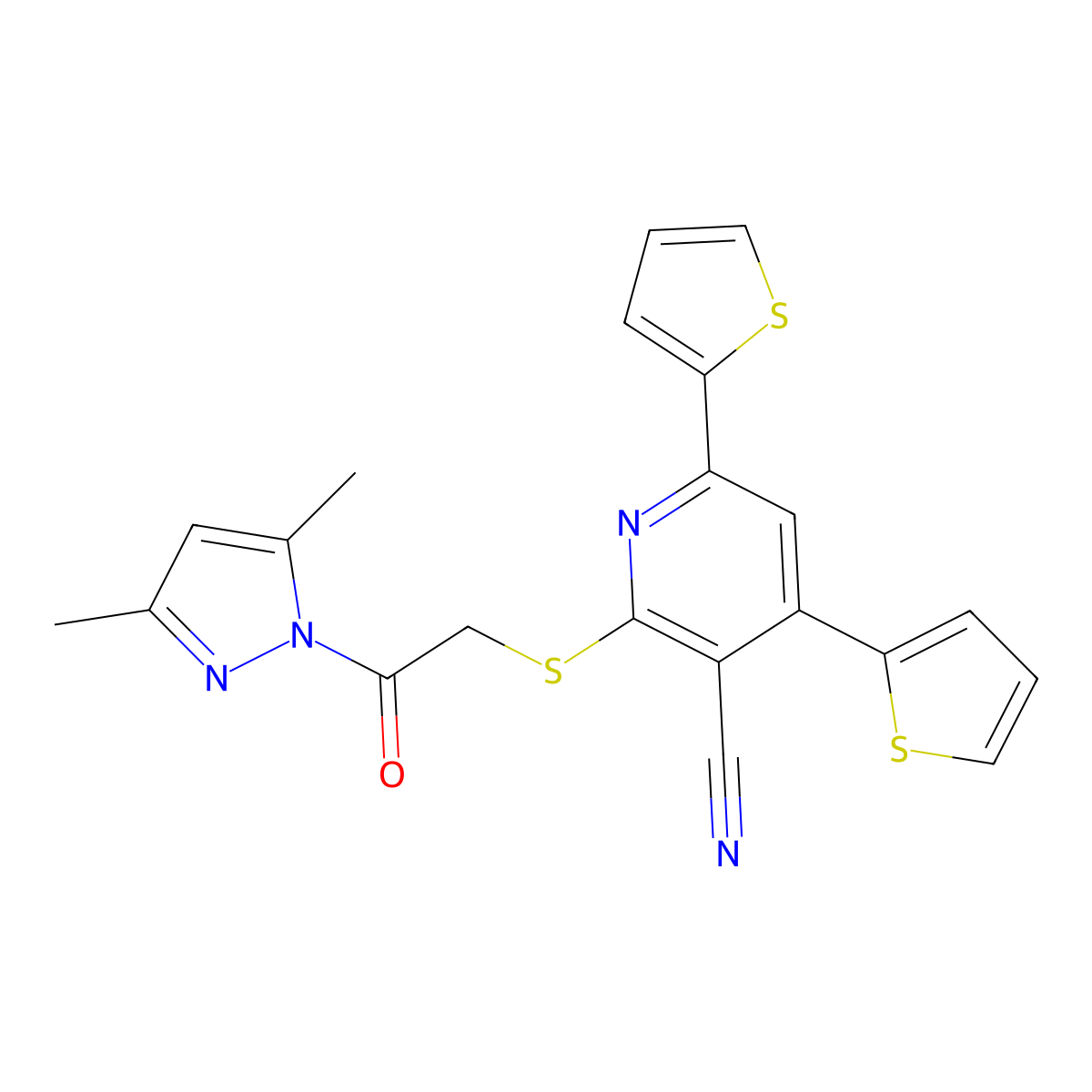 2-{[2-(3,5-dimethyl-1H-pyrazol-1-yl)-2-oxoethyl]sulfanyl}-4,6-di(2-thienyl)nicotinonitrile molecular structure, CAS 311810-06-7