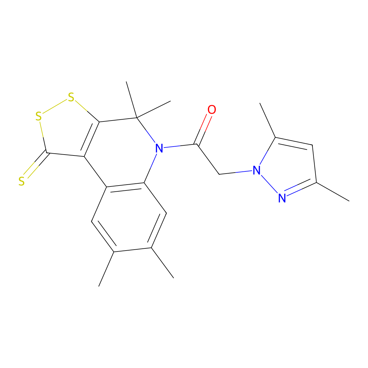 2-(3,5-Dimethylpyrazol-1-yl)-1-(4,4,7,8-tetramethyl-1-sulfanylidenedithiolo[3,4-c]quinolin-5-yl)ethanone molecular structure, CAS 311813-88-4