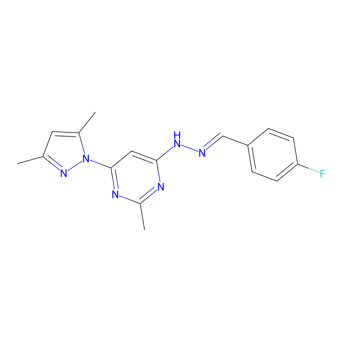 4-Fluorobenzaldehyde 2-[6-(3,5-dimethyl-1H-pyrazol-1-yl)-2-methyl-4-pyrimidinyl]hydrazone molecular structure, CAS 311813-92-0