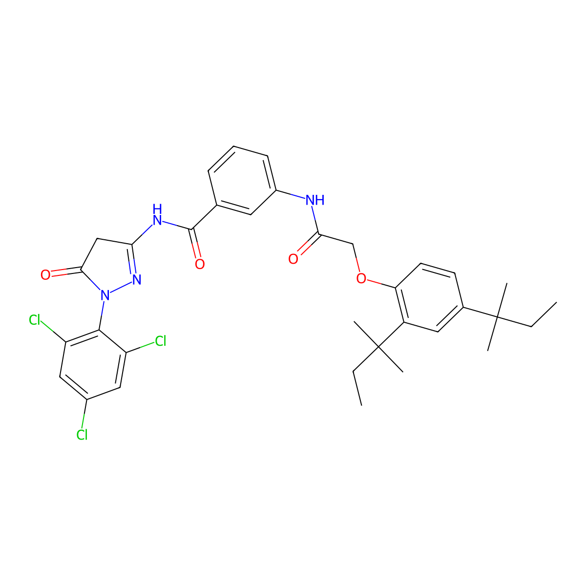 Benzamide, 3-[[2-[2,4-bis(1,1-dimethylpropyl)phenoxy]acetyl]amino]-N-[4,5-dihydro-5-oxo-1-(2,4,6-trichlorophenyl)-1H-pyrazol-3-yl]- molecular structure, CAS 31188-91-7