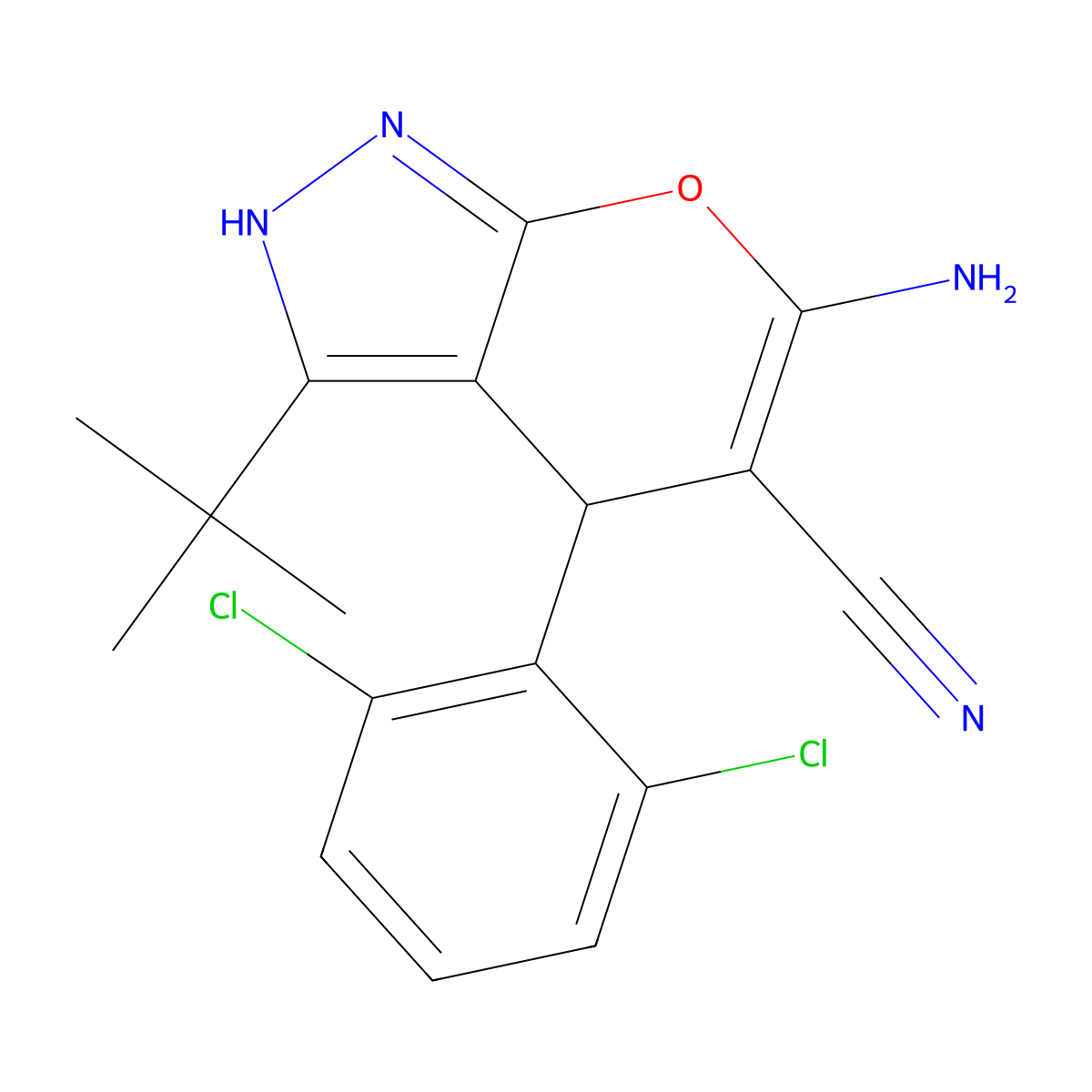 6-Amino-3-tert-butyl-4-(2,6-dichlorophenyl)-1,4-dihydropyrano[2,3-c]pyrazole-5-carbonitrile molecular structure, CAS 312265-19-3