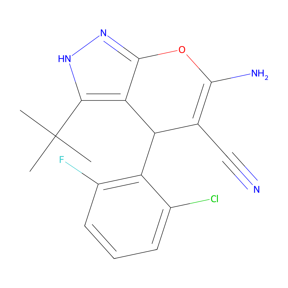 6-Amino-3-(tert-butyl)-4-(2-chloro-6-fluorophenyl)-1,4-dihydropyrano[2,3-c]pyrazole-5-carbonitrile molecular structure, CAS 312265-20-6