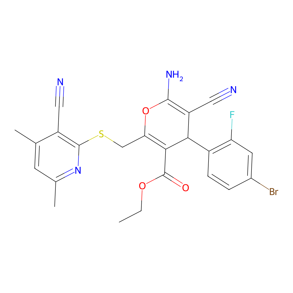 ethyl 6-amino-4-(4-bromo-2-fluorophenyl)-5-cyano-2-{[(3-cyano-4,6-dimethylpyridin-2-yl)sulfanyl]methyl}-4H-pyran-3-carboxylate molecular structure, CAS 312265-22-8