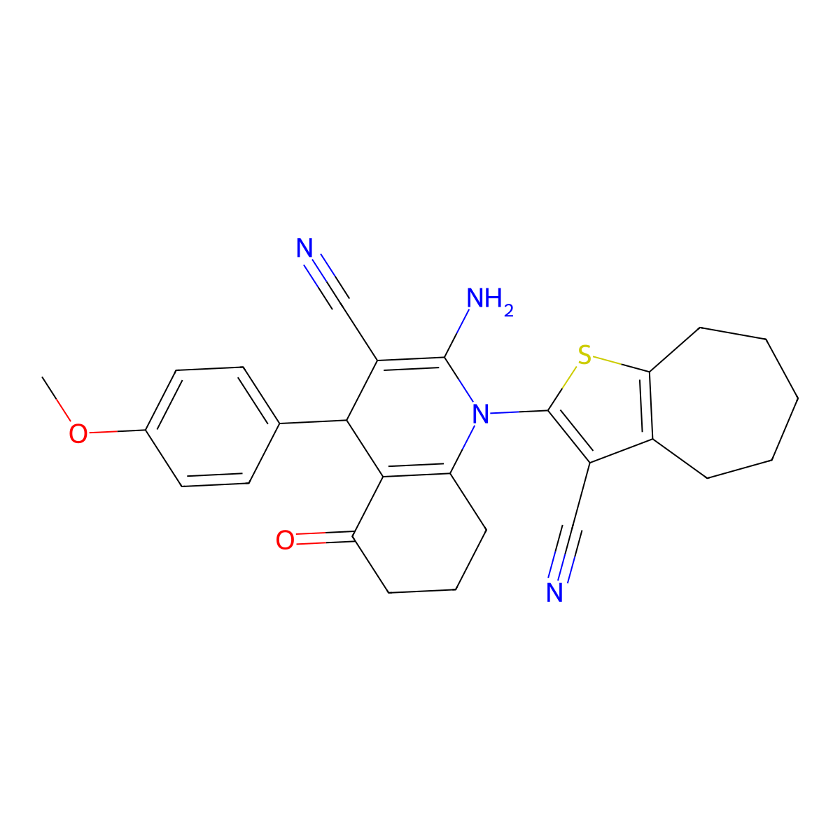 2-Amino-1-(3-cyano-5,6,7,8-tetrahydro-4H-cyclohepta(B)thien-2-YL)-4-(4-M ethoxyphenyl)-5-oxo-1,4,5,6,7,8-hexahydro-3-quinolinecarbonitrile molecular structure, CAS 312266-18-5