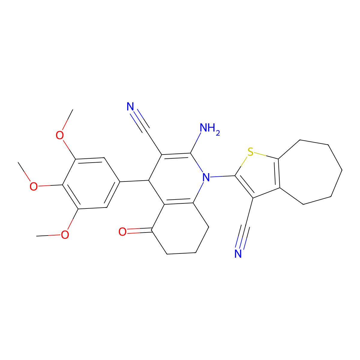 2-Amino-1-(3-cyano-5,6,7,8-tetrahydro-4H-cyclohepta(B)thien-2-YL)-5-oxo-4-(3,4,5-trimethoxyphenyl)-1,4,5,6,7,8-hexahydro-3-quinolinecarbonitrile molecular structure, CAS 312266-19-6