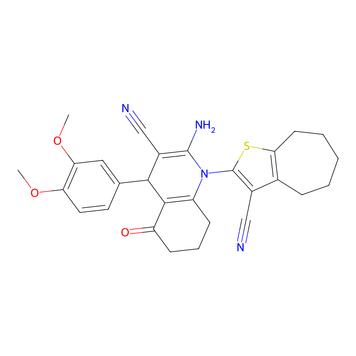2-Amino-1-(3-cyano-5,6,7,8-tetrahydro-4H-cyclohepta[B]thien-2-YL)-4-(3,4-dimethoxyphenyl)-5-oxo-1,4,5,6,7,8-hexahydro-3-quinolinecarbonitrile molecular structure, CAS 312266-37-8